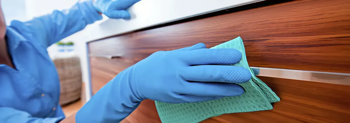 Cleaner wearing blue gloves wiping a wooden cabinet drawer with a microfiber cloth for dust and grime removal, Norfolk, VA.