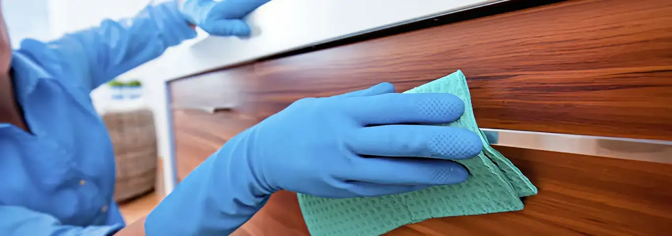 Cleaner wearing blue gloves wiping a wooden cabinet drawer with a microfiber cloth for dust and grime removal, Norfolk, VA.