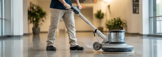 Professional technician using an industrial floor buffer to polish and maintain shiny commercial flooring in a corporate hallway in Norfolk, VA.