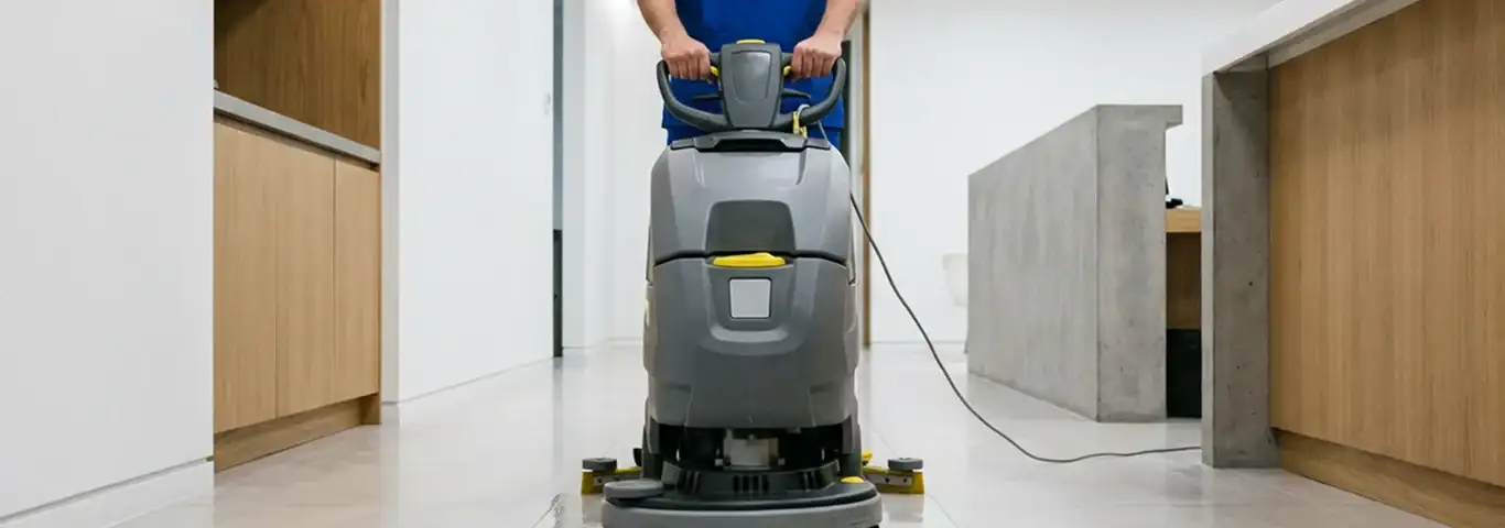 Janitorial staff using a floor scrubber machine to clean a commercial hallway, Norfolk, VA.
