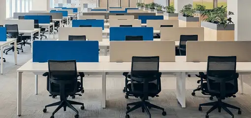 Modern open-plan office space featuring clean workstations, ergonomic chairs, and sanitized carpets provided by professional office cleaning services in Norfolk, VA.