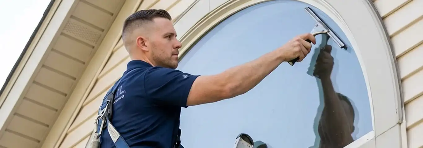 Professional window cleaner using a squeegee to clean an exterior arched window on a home, Norfolk, VA.