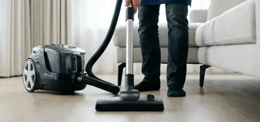 Professional house cleaner vacuuming a living room floor with a canister vacuum cleaner, Norfolk, VA.