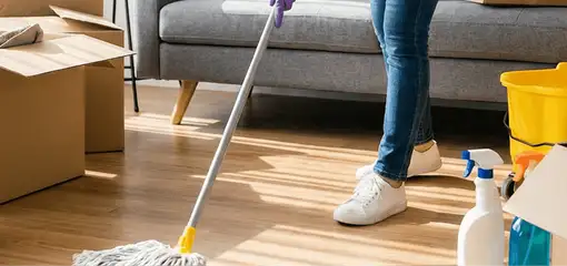 Move-out cleaning setup with a cleaner mopping hardwood floors near moving boxes and cleaning supplies, Norfolk, VA.