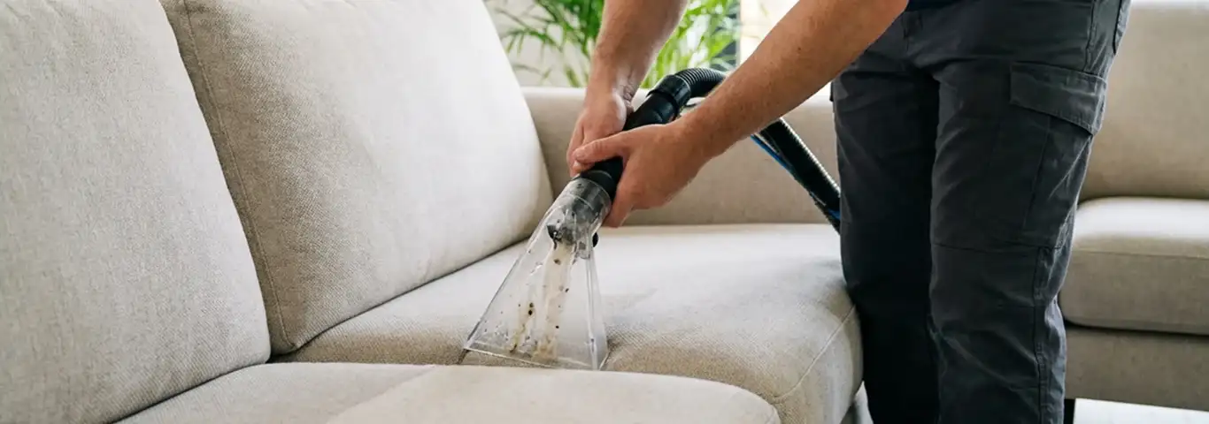 Technician extracting dirt and moisture from a fabric sofa with an upholstery cleaning wand, Norfolk, VA.
