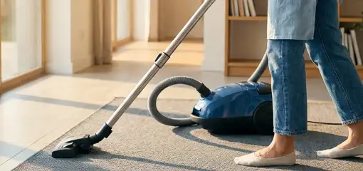 Person vacuuming a living room rug with a canister vacuum cleaner near large windows, Norfolk, VA.